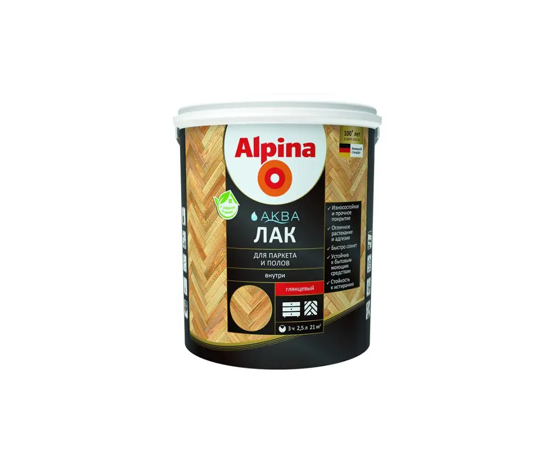 2.5 ლ პარკეტის ლაქი წყლის ბაზაზე პრიალა ALPINA — ლაქი